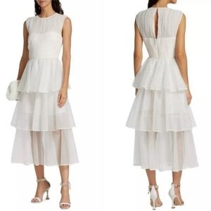 Jonathan Simkhai Size 2 Benton White Sheer Silk Tiered Pleated Midi Dress NWT